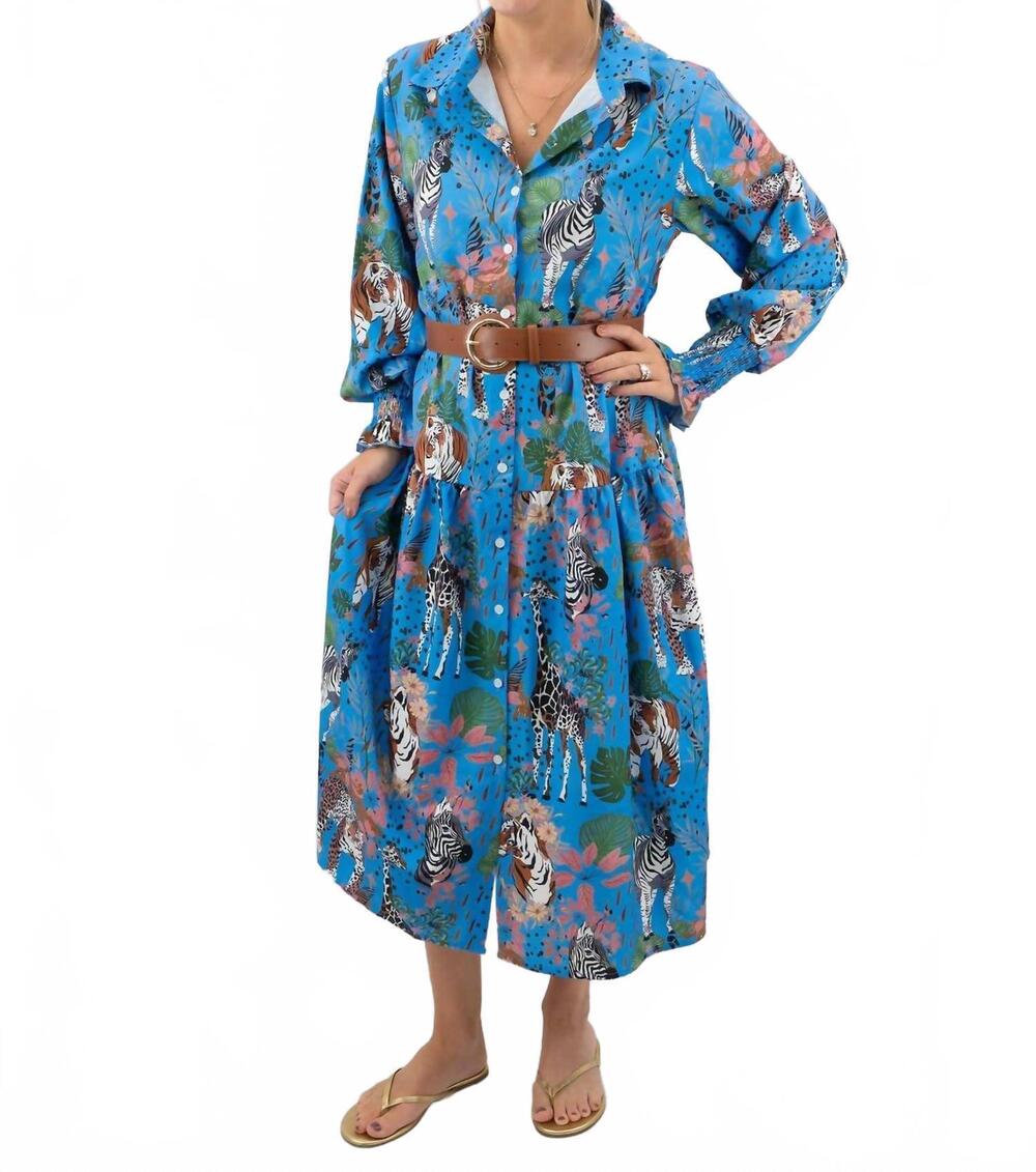 NEW SUNDAYUP safari print button up shirt midi dress in blue